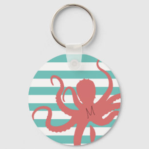 Rode octopus modern strand, wit blauwgroen gestree sleutelhanger