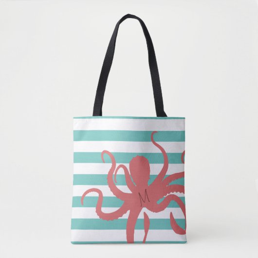 Rode octopus modern strand, wit blauwgroen gestree tote bag (Voorkant)