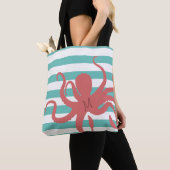 Rode octopus modern strand, wit blauwgroen gestree tote bag (Dichtbij)