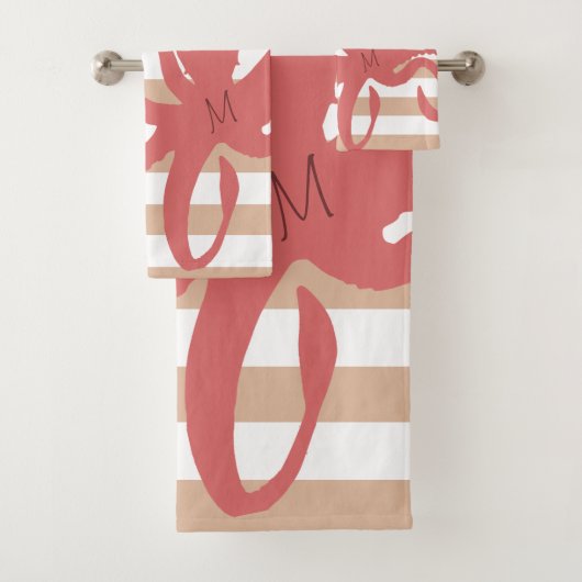 Rode octopus modern strand, wit zand gestript bad handdoek (Insitu)