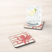 Rode octopus modern strand, wit zand gestript bier onderzetter (Rechterzijde)