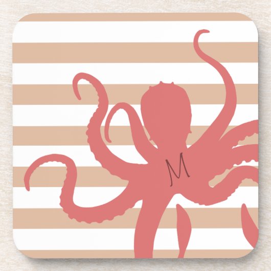 Rode octopus modern strand, wit zand gestript bier onderzetter (Voorkant)