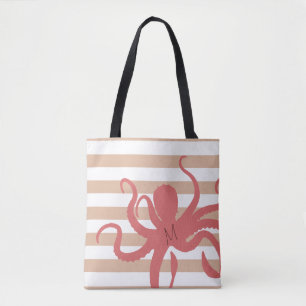 Rode octopus modern strand, wit zand gestript tote bag