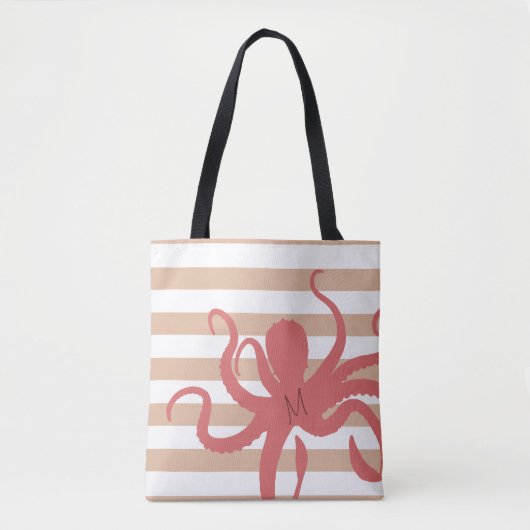 Rode octopus modern strand, wit zand gestript tote bag (Voorkant)