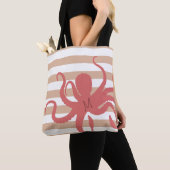 Rode octopus modern strand, wit zand gestript tote bag (Dichtbij)