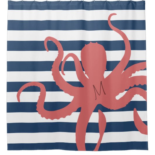 Rode octopus modern strand witte marineblauw gestr douchegordijn (Voorkant)
