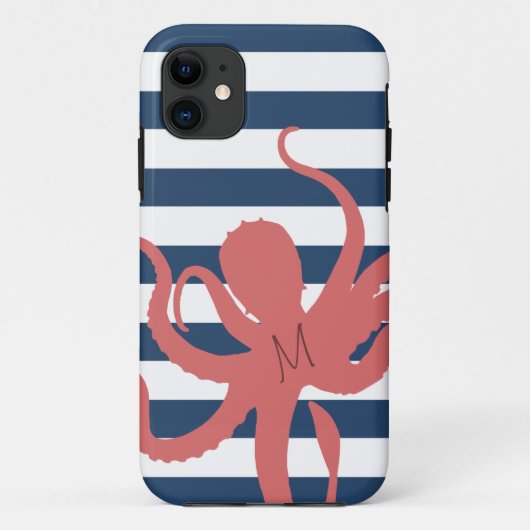 Rode octopus moderne strand wit marineblauw gestre Case-Mate iPhone case (Achterkant)