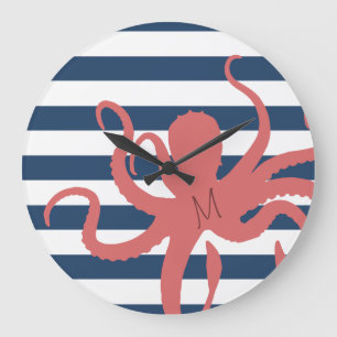 Rode octopus moderne strand witte marineblauwe ges grote klok