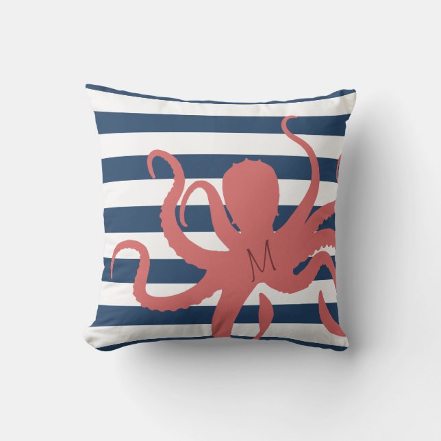 Rode octopus moderne strand witte marineblauwe ges kussen (Voorkant)