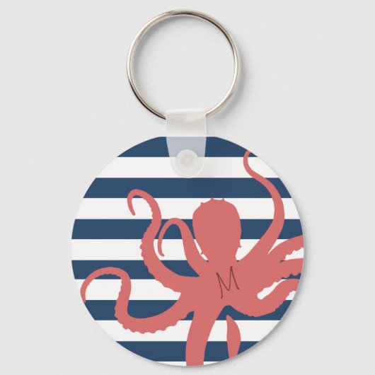 Rode octopus moderne strand witte marineblauwe ges sleutelhanger (Voorkant)