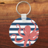Rode octopus moderne strand witte marineblauwe ges sleutelhanger (Voorkant)