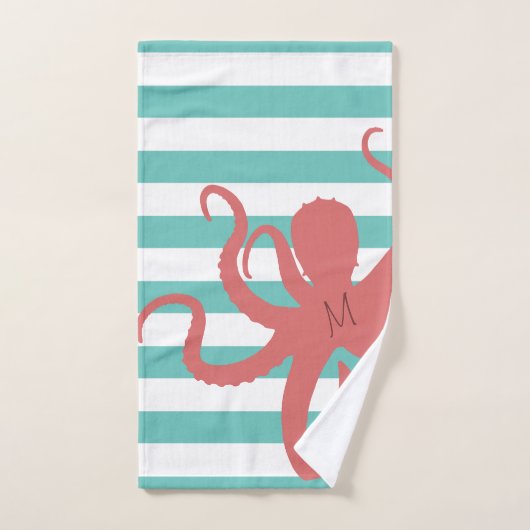 Rode octopus moderne strand witte turquoise gestre bad handdoek (Handdoek)