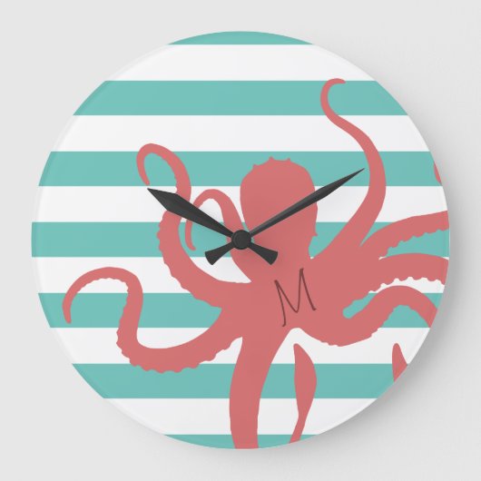 Rode octopus moderne strand witte turquoise gestre grote klok (Voorkant)