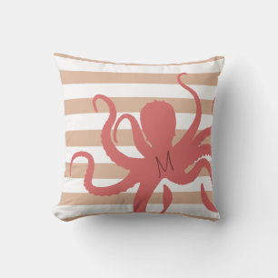 Rode octopus moderne strand witte zand gestreept kussen