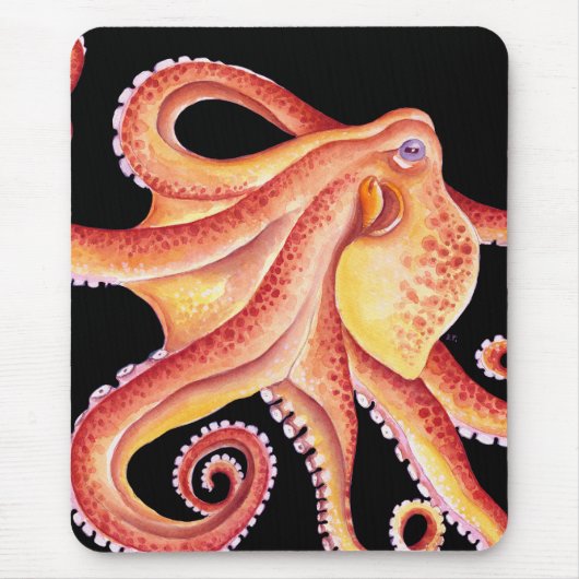 Rode octopus op zwarte Waterverf kunst Muismat (Voorkant)