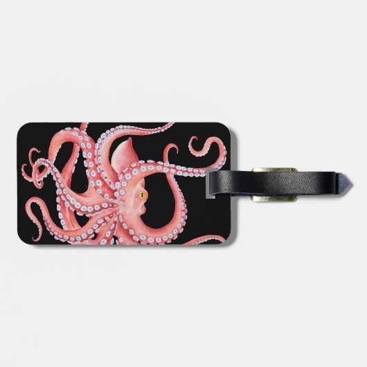 Rode octopus Waterverf op zwart Bagagelabel (Achterkant horizontaal)