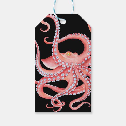 Rode octopus Waterverf op zwart Cadeaulabel (Voorkant)