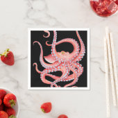 Rode octopus Waterverf op zwart Servet (Insitu)