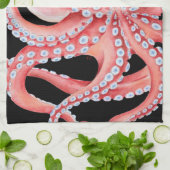 Rode octopus Waterverf op zwart Theedoek (Gevouwen)