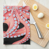 Rode octopus Waterverf op zwart Theedoek (Quarter Fold)