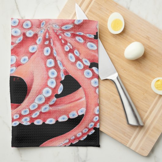 Rode octopus Waterverf op zwart Theedoek (Quarter Fold)