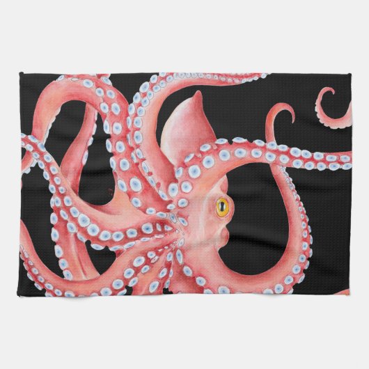 Rode octopus Waterverf op zwart Theedoek (Horizontaal)