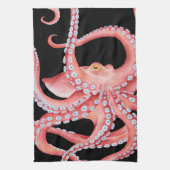 Rode octopus Waterverf op zwart Theedoek (Verticaal)
