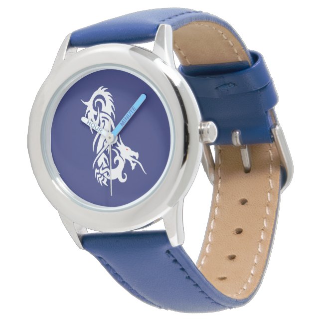 Rode ogen witte draak op blauw horloge (Gekanteld)