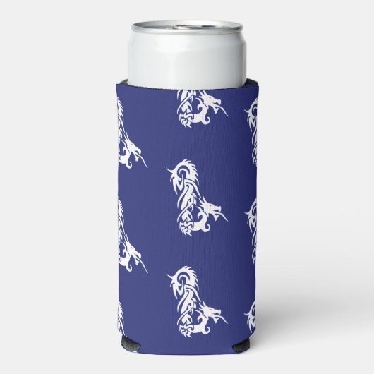 Rode ogen witte draak op blauw seltzer blikjeskoeler (Seltzer Voorkant)