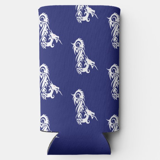 Rode ogen witte draak op blauw seltzer blikjeskoeler (Achterkant)