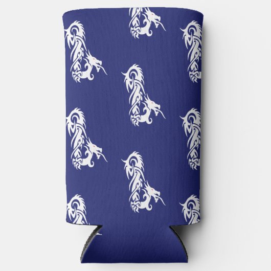 Rode ogen witte draak op blauw seltzer blikjeskoeler (Voorkant)