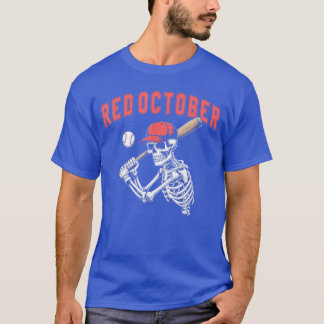 Rode Oktober Grappig Halloween Honkbal Skelet cade T-shirt