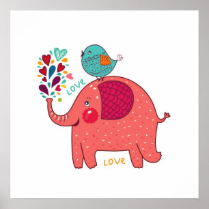 Rode olifant en vogel poster