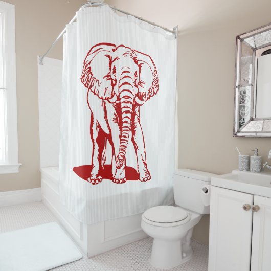 Rode olifant en witte strepen douchegordijn (In situ)