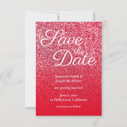 Rode Ombre Glitter Save the Date Kaart (Voorkant)