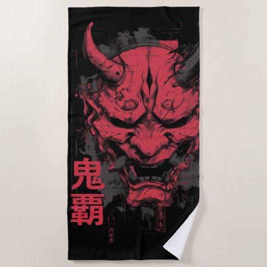 Rode Oni Masker Kunst – Japans Duivel Ontwerp Strandlaken (Voorkant)