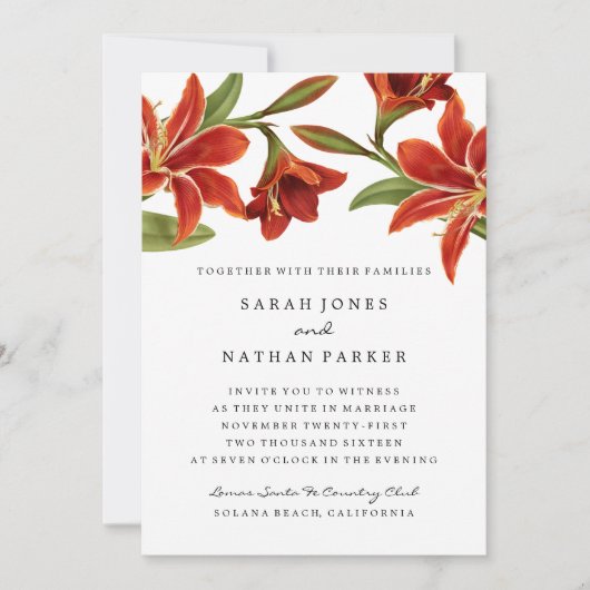 Rode & Oranje Amaryllis Bloem Huwelijksuitnodiging Kaart (Voorkant)