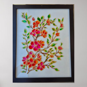 Rode Oranje Bloemschildering Glas Kunst aan de Muu Poster