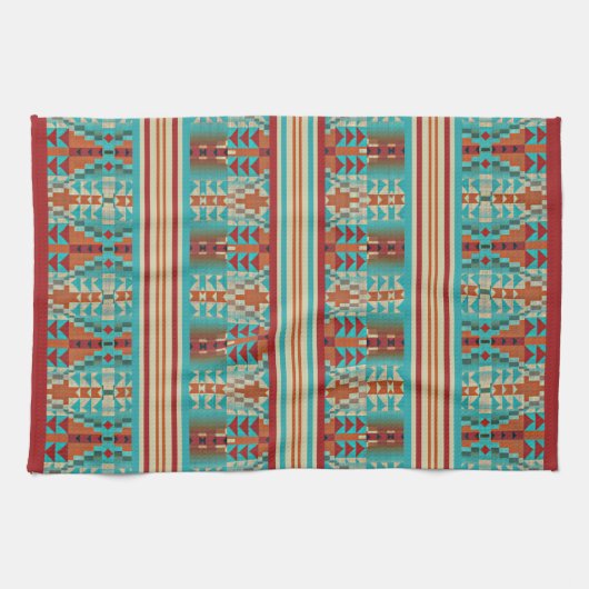 Rode Oranje bruine Aqua Turquoise Blue Tribal Art Theedoek (Horizontaal)