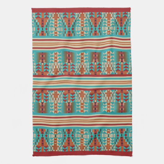 Rode Oranje bruine Aqua Turquoise Blue Tribal Art Theedoek (Verticaal)