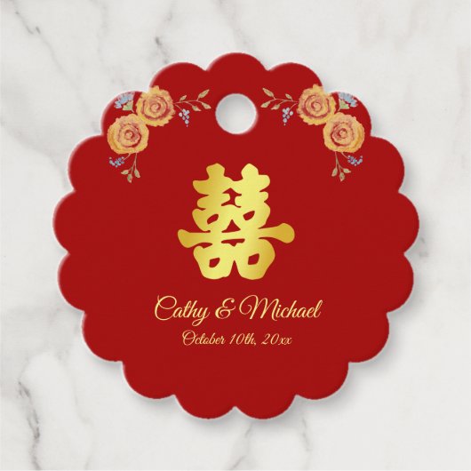 Rode oranje Chinese bruiloft met dubbel geluk Bedankjes Labels (Voorkant)