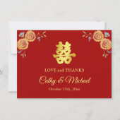 Rode oranje Chinese bruiloft met dubbel geluk Bedankkaart (Voorkant)