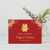 Rode oranje Chinese bruiloft met dubbel geluk Bedankkaart (Staand voorkant)
