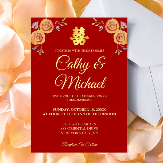 Rode oranje Chinese bruiloft met dubbel geluk Kaart