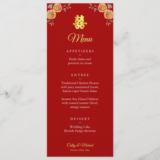 Rode oranje Chinese bruiloft met dubbel geluk Menu (Voorkant)