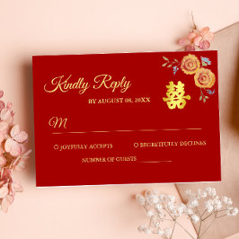 Rode oranje Chinese bruiloft met dubbel geluk RSVP Kaartje