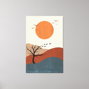 Rode, Oranje en Beige Kleurrijke Illustratiemuur Canvas Afdruk