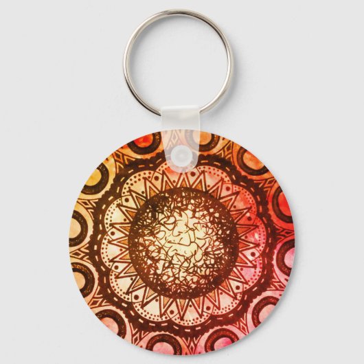 Rode, Oranje en gele Abstracte Mandala Art Sleutel Sleutelhanger (Voorkant)