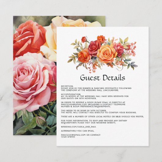 Rode, Oranje en Sage Floral Gastgegevens Informatiekaartje (Voorkant / Achterkant)