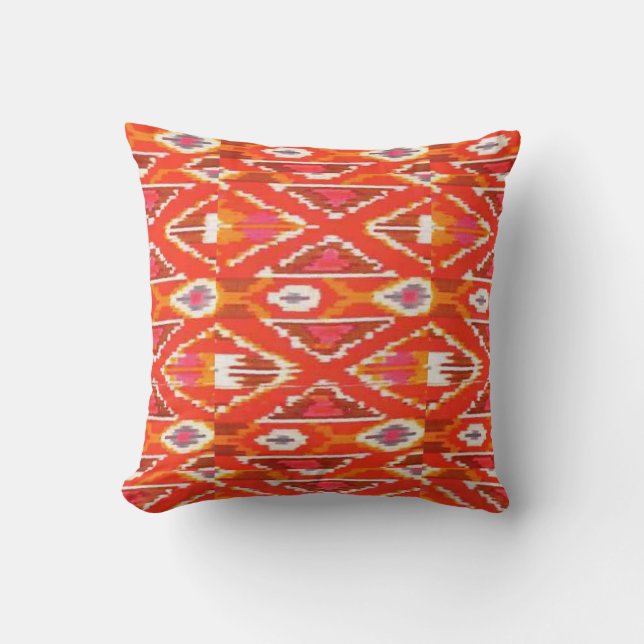 Rode Oranje en witte Ikat Print Pillow Kussen (Voorkant)